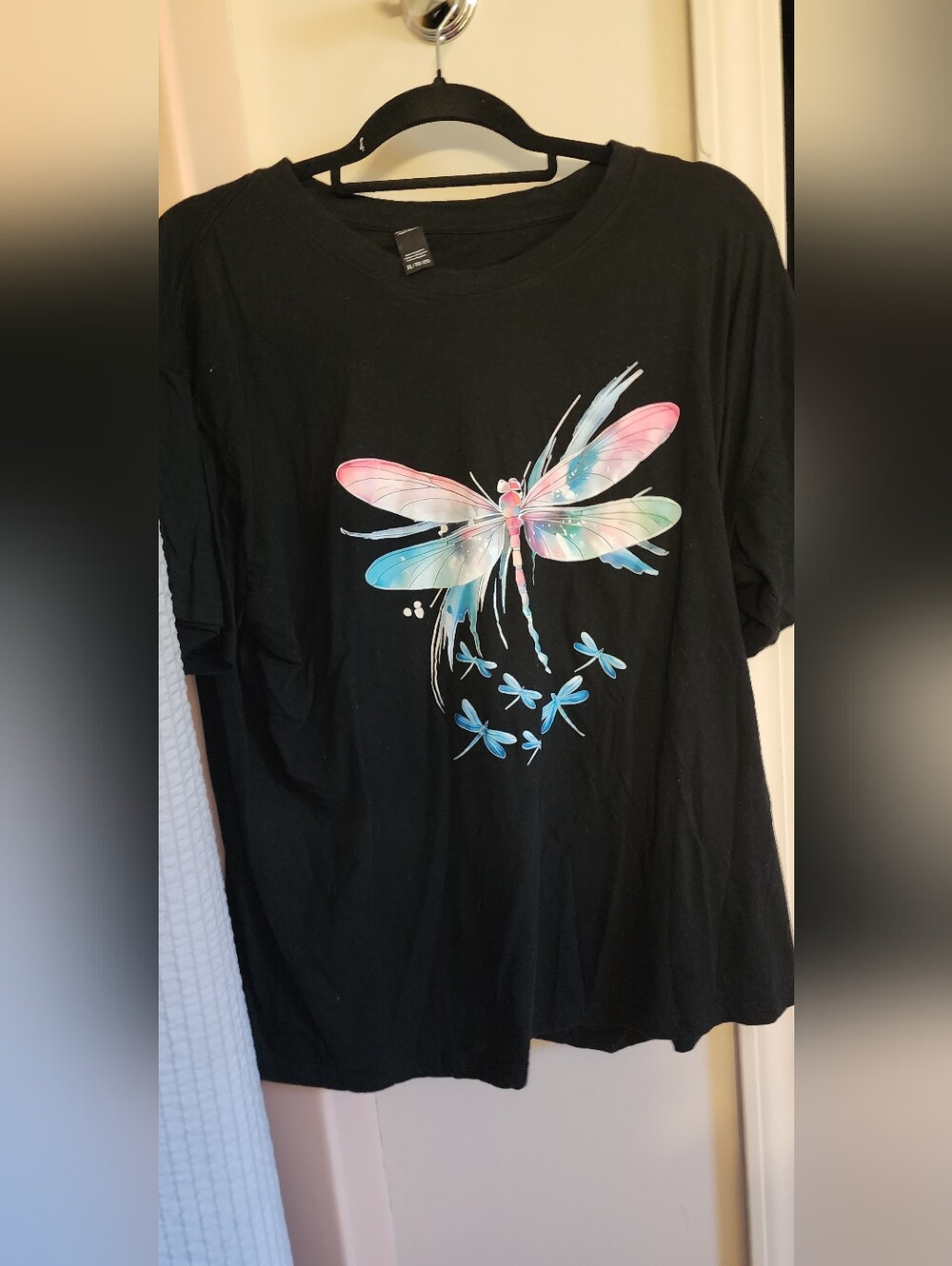 Black Tee with Pastel Dragonfly Graphic